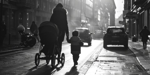 A woman walking down a street with a child in a stroller, perfect for family and lifestyle concepts