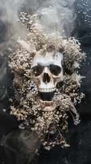 skull with dried flowers.