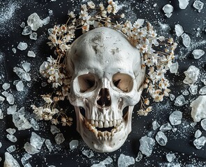 skull with dried flowers.