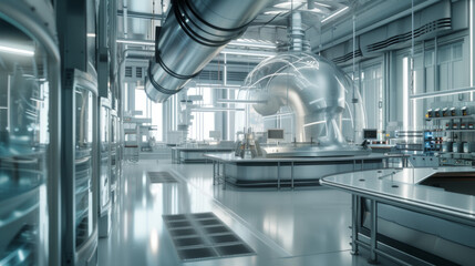 A state-of-the-art biotech manufacturing facility with specialized equipment and quality control stations, momentarily quiet but ready to manufacture biologic products