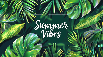 Summer vibes web banner. Beautiful background on tropical palm trees and leaves, vector illustration, text "Summer Vibes". Summer illustration, design for poster, publicity, print for T-shirt. Sunny s