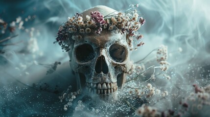 skull with dried flowers.