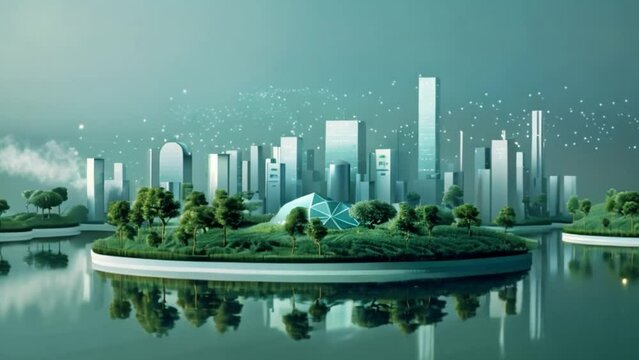 Futuristic City With Floating Island in Water