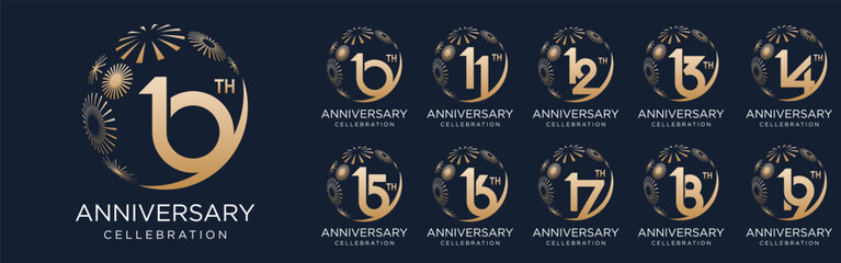 set of 10 to 19th anniversary logotype design, with golden fireworks for celebration event, wedding, and birthday, vector illustration