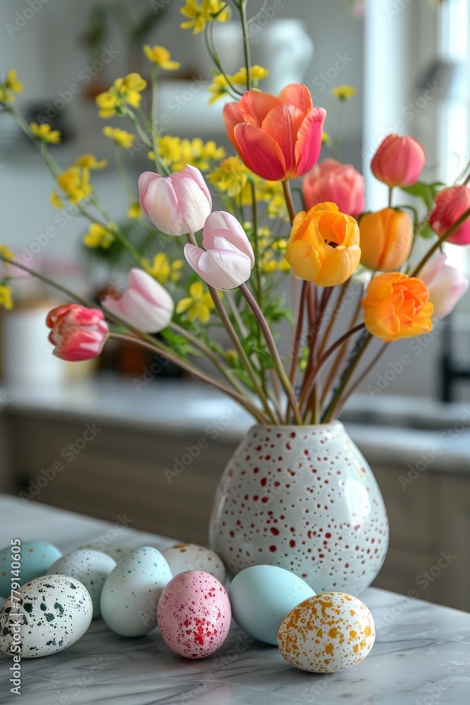 Aufkleber A stylish vase overflows with vibrant flowers and delicate eggs, creating a whimsical and enchanting centerpiece on a rustic table