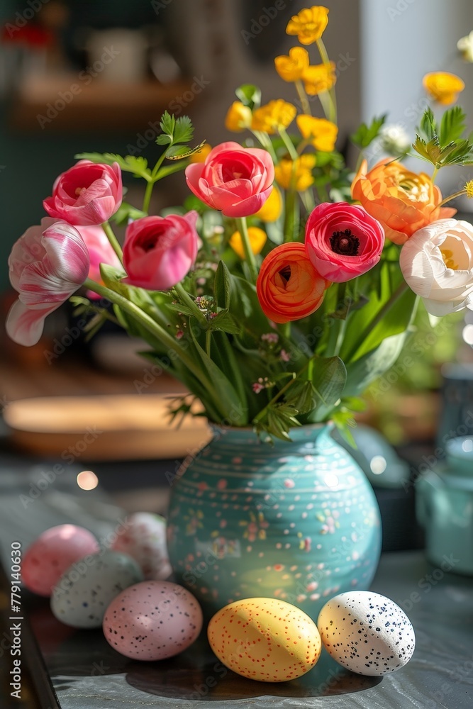 Poster A vibrant blue vase overflows with an array of lively and colorful flowers, creating a mesmerizing display of natures beauty