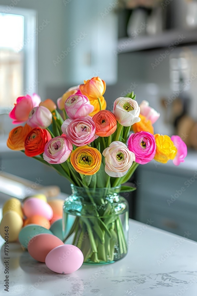 Poster A colorful array of flowers fill a vase, creating a stunning explosion of beauty. Each bloom radiates with different hues, bringing a sense of joy and vibrancy to the room