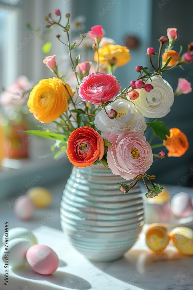Poster A vibrant vase overflows with a variety of blossoming flowers in an array of colors, creating a stunning and lively centerpiece