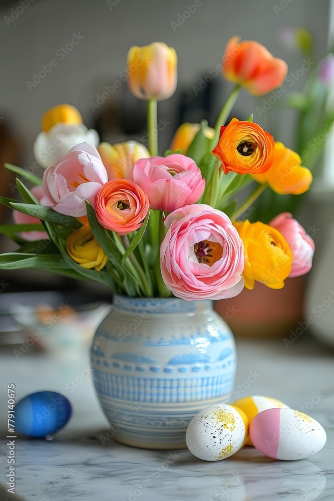 Poster A colorful explosion of various flowers fill a vase, creating a vibrant and cheerful display