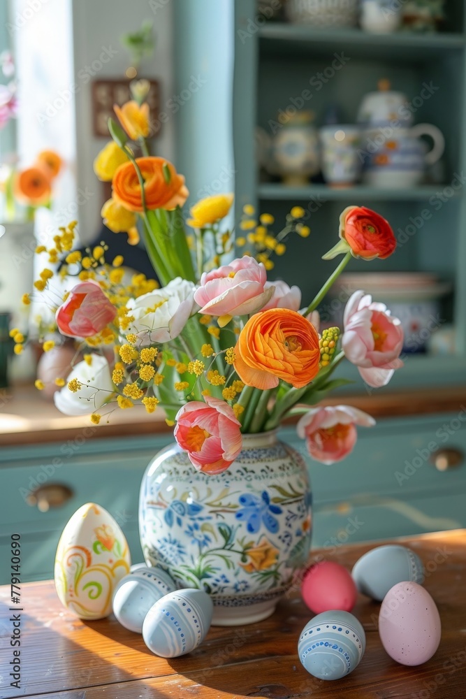 Poster A vibrant vase overflows with a colorful assortment of flowers and delicate eggs, creating a whimsical and festive scene on a table