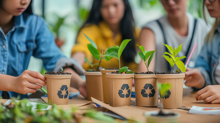 Conscientious students engaging in reforestation project with sprout in biodegradable pots against an educational setting - obrazy, fototapety, plakaty