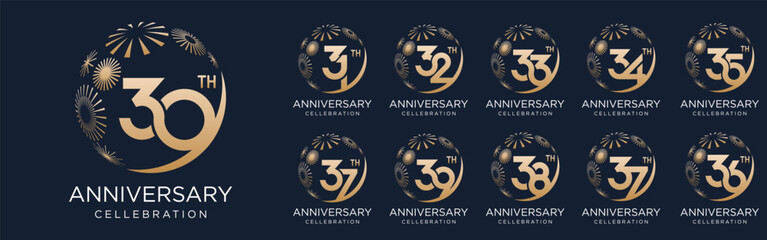 set of 30 to 39th anniversary logotype design, with golden fireworks for celebration event, wedding, and birthday, vector illustration - obrazy, fototapety, plakaty