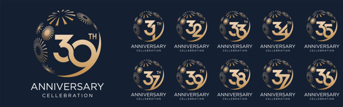 set of 30 to 39th anniversary logotype design, with golden fireworks for celebration event, wedding, and birthday, vector illustration