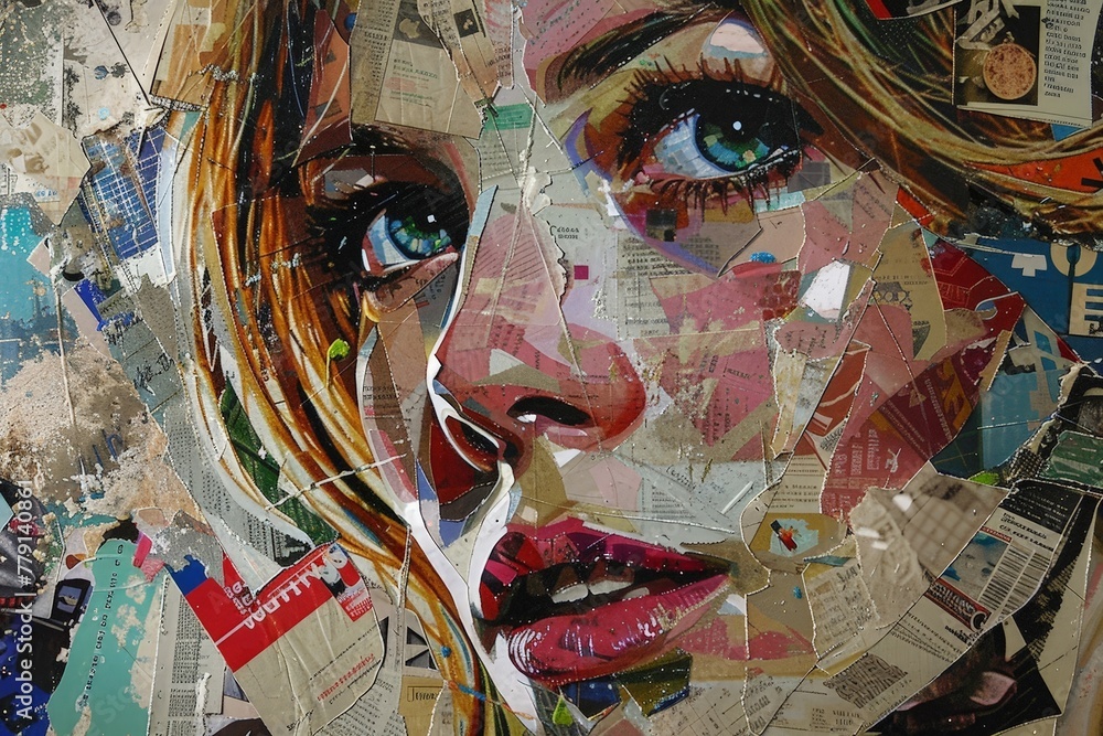 Poster a collage featuring the intricate details of a womans face, showcasing her unique features and expre