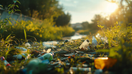 Fototapeta premium Sunlit Plastic Pollution in Nature, Water Bottles and Trash on River Bank