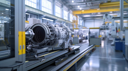 A busy aerospace manufacturing research and development center with advanced manufacturing equipment and testing systems, momentarily idle but ready to innovate in the field of aerospace engineering