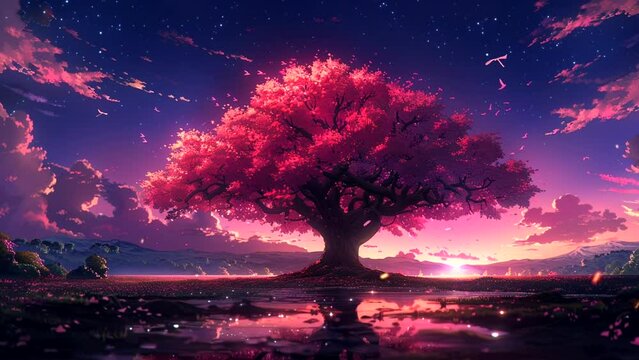 Magical sakura tree background animation in spring nature landscape. seamless looping 4k time-lapse animation video background