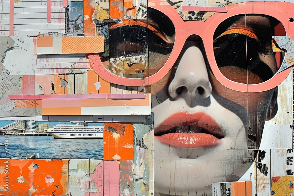 Poster a whimsical and colorful collage showcasing a womans face intertwined with sunglasses, creating a un