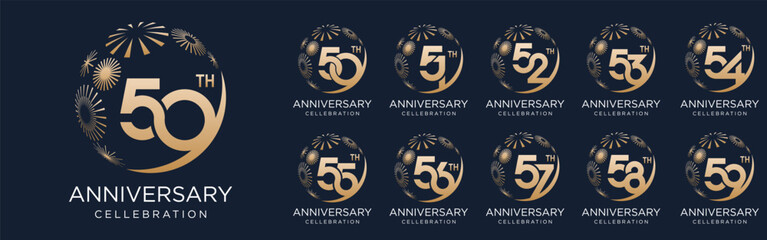set of 50 to 59th anniversary logotype design, with golden fireworks for celebration event, wedding, and birthday, vector illustration - obrazy, fototapety, plakaty