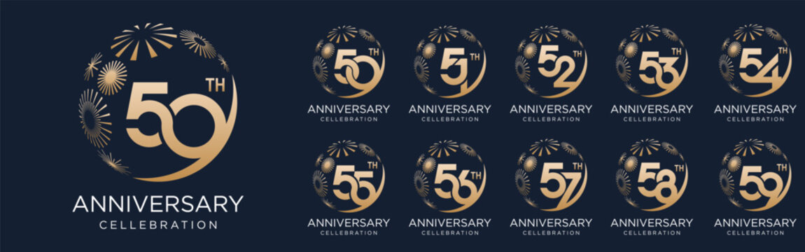 set of 50 to 59th anniversary logotype design, with golden fireworks for celebration event, wedding, and birthday, vector illustration