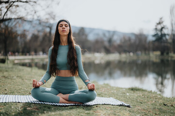 Fototapeta na wymiar A serene young woman meditates in a lotus position on a mat in a tranquil park, embodying peace and mindfulness.