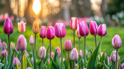 Colorful tulips in the grass on a sunny spring day. 
Beautiful spring natural background
