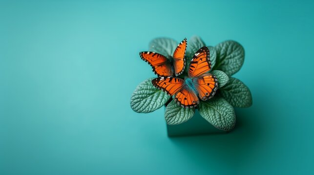 Two orange butterflies sit on a green flower on a turquoise background. High quality photo