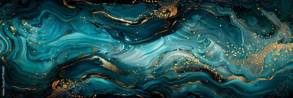 Poster swirls of gold and blue dance across the canvas, creating a mesmerizing abstract painting that exude