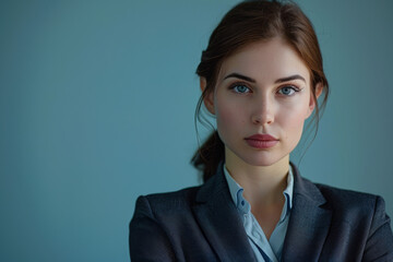A woman in a suit looks at the camera with her arms crossed