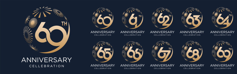 set of 60 to 69th anniversary logotype design, with golden fireworks for celebration event, wedding, and birthday, vector illustration