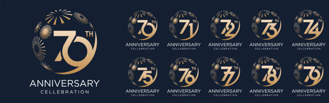 set of 70 to 79th anniversary logotype design, with golden fireworks for celebration event, wedding, and birthday, vector illustration