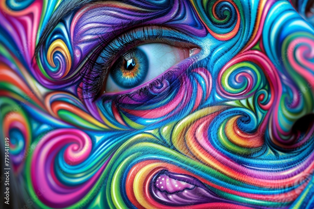 Poster person face filled with vibrant colorful paint, creating a mesmerizing artistic display of creativity