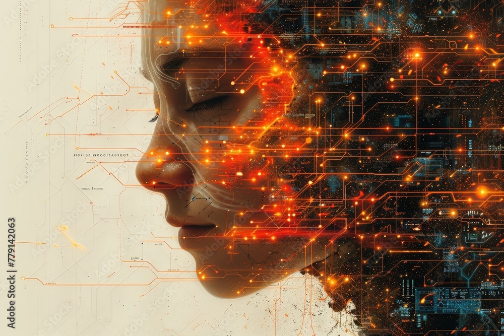 Aufkleber a womans face is encompassed by vibrant orange and blue lines, creating a surreal and enchanting vis