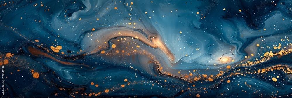 Poster Intricately swirling gold and blue patterns dance across the canvas, creating a mesmerizing and opulent abstract painting