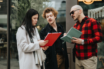 Three modern business professionals engaged in a serious discussion while holding documents and a tablet during an impromptu meeting outside an office building.