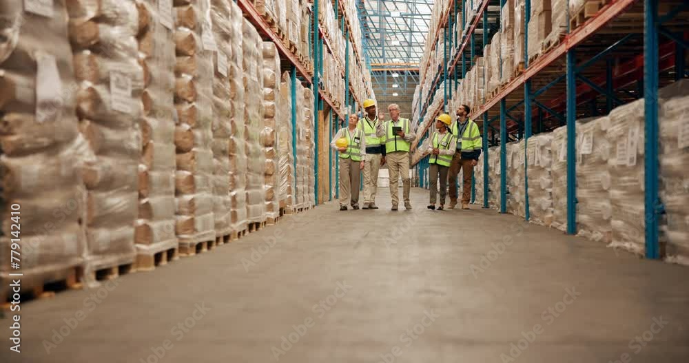 Poster walking, talking and group of people in warehouse for discussion, collaboration and service delivery
