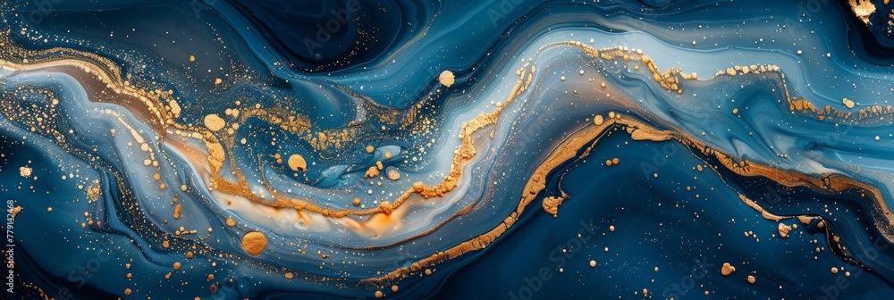 Poster A swirling composition of gold and blue hues dance across the canvas, merging and intertwining in an ethereal display of celestial harmony