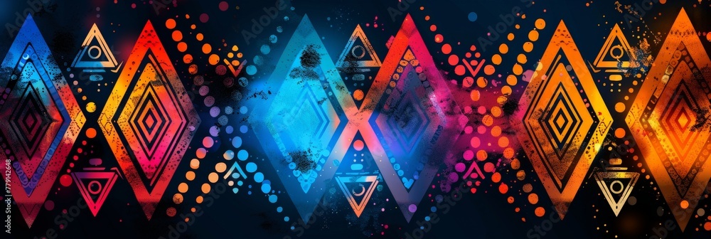 Aufkleber Multicolored triangles and dots come together in a dazzling display of geometric artistry, creating a vibrant and dynamic abstract background