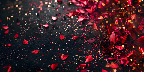Romantic background for Valentine's Day with red rose petals dark empty background forming a charming and love-filled display. - obrazy, fototapety, plakaty
