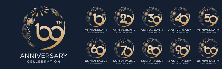 set of 10 to 100th anniversary logotype design, with golden fireworks for celebration event, wedding, and birthday, vector illustration