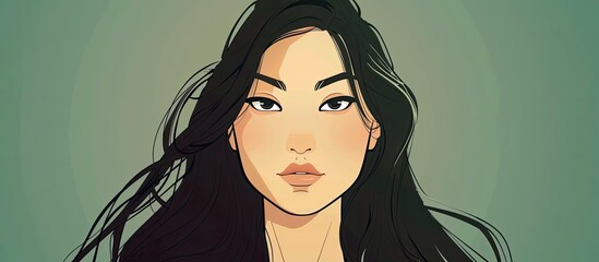 A woman with long black hair is depicted in a cartoon drawing, showcasing her nose, cheek, chin, smile, eyebrow, mouth, eyelash, jaw, neck, and ear
