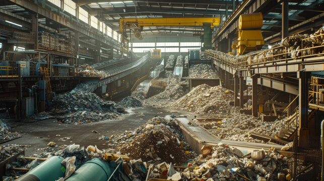 A busy metal recycling facility with sorting lines and melting furnaces, momentarily still but ready to recycle metal waste into reusable materials
