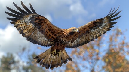   A tight shot of a raptor soaring in the sky, surrounded by trees and scattered clouds