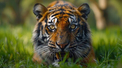   A tight shot of a tiger in the grass, mouth agape, eyes widely opened