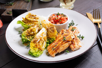 Keto lunch or dinner. Grilled chicken fillet with mini romen and tomatoes salsa. - 779142883