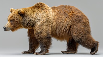   A large brown bear atop a white floor, facing a gray wall and gray backdrop