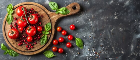   A wooden cutting board, laden with numerous tomatoes and green leaves, stands next to another identical board displaying only tomatoes - obrazy, fototapety, plakaty