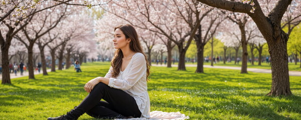 A young woman sits on a park bench, enjoying the serene ambiance of cherry blossoms on a sunny spring day.