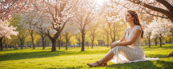 A young bride woman sits on a park bench, enjoying the serene ambiance of cherry blossoms on a sunny spring day.