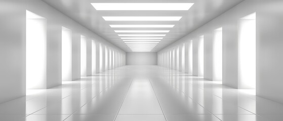   A long corridor with white walls and a ceiling light at its terminus
